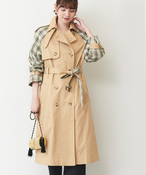 袖チェックコート