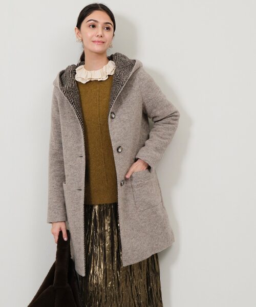 ヘリンボンフードロングコート