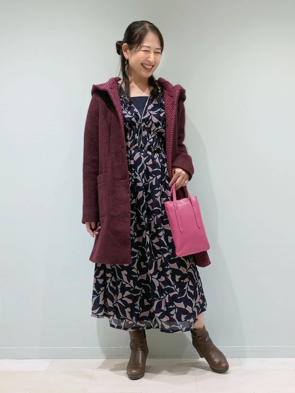 ヘリンボンフードロングコート