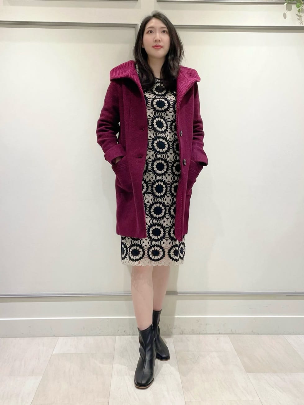 ヘリンボンフードロングコート