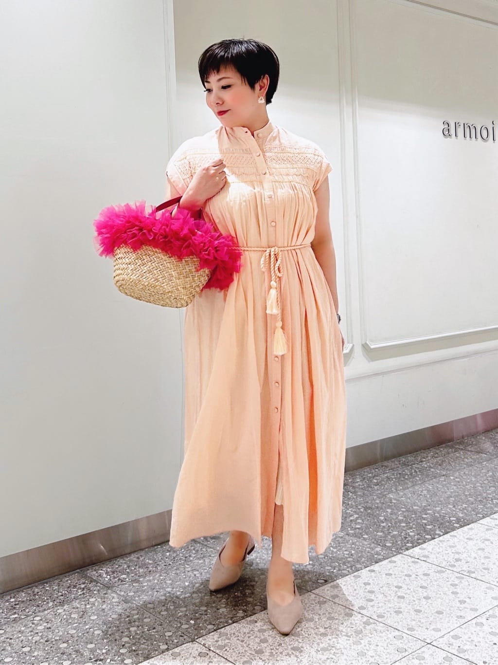 スモッキングシアーロングワンピース