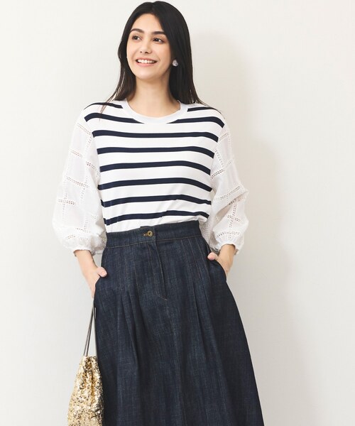 袖レースボーダーTシャツ