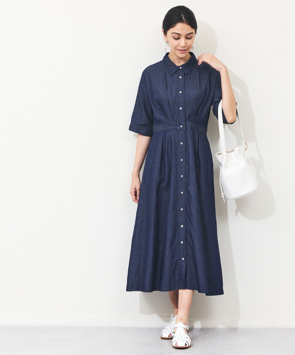 麻混デニムワンピース