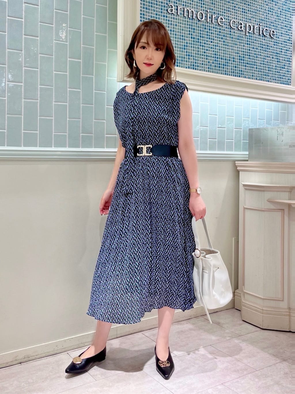 ジオメトリックプリントプリーツワンピース