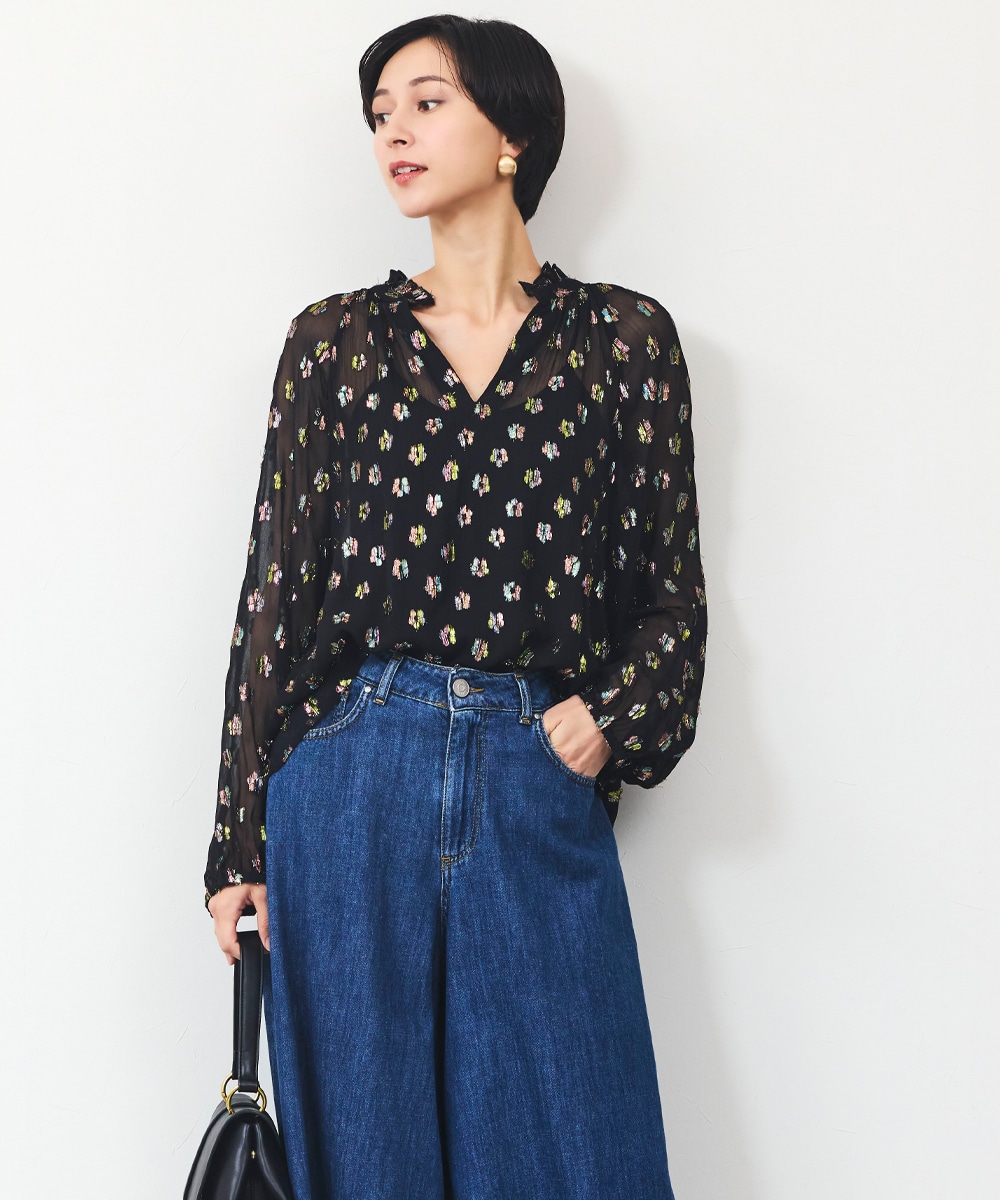 ラメフラワーシアーブラウス