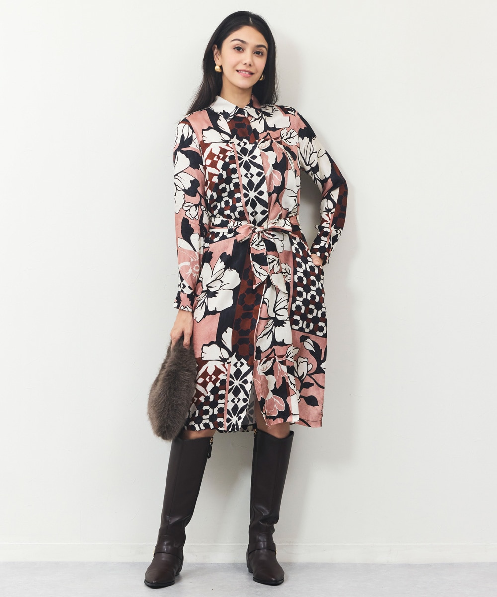 パッチワークフラワープリントワンピース