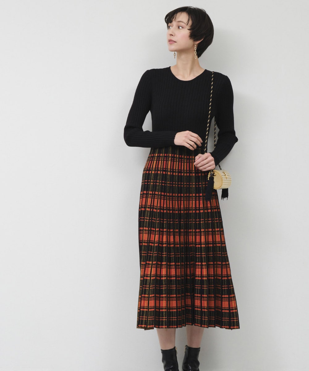 チェック切り替えニットワンピース