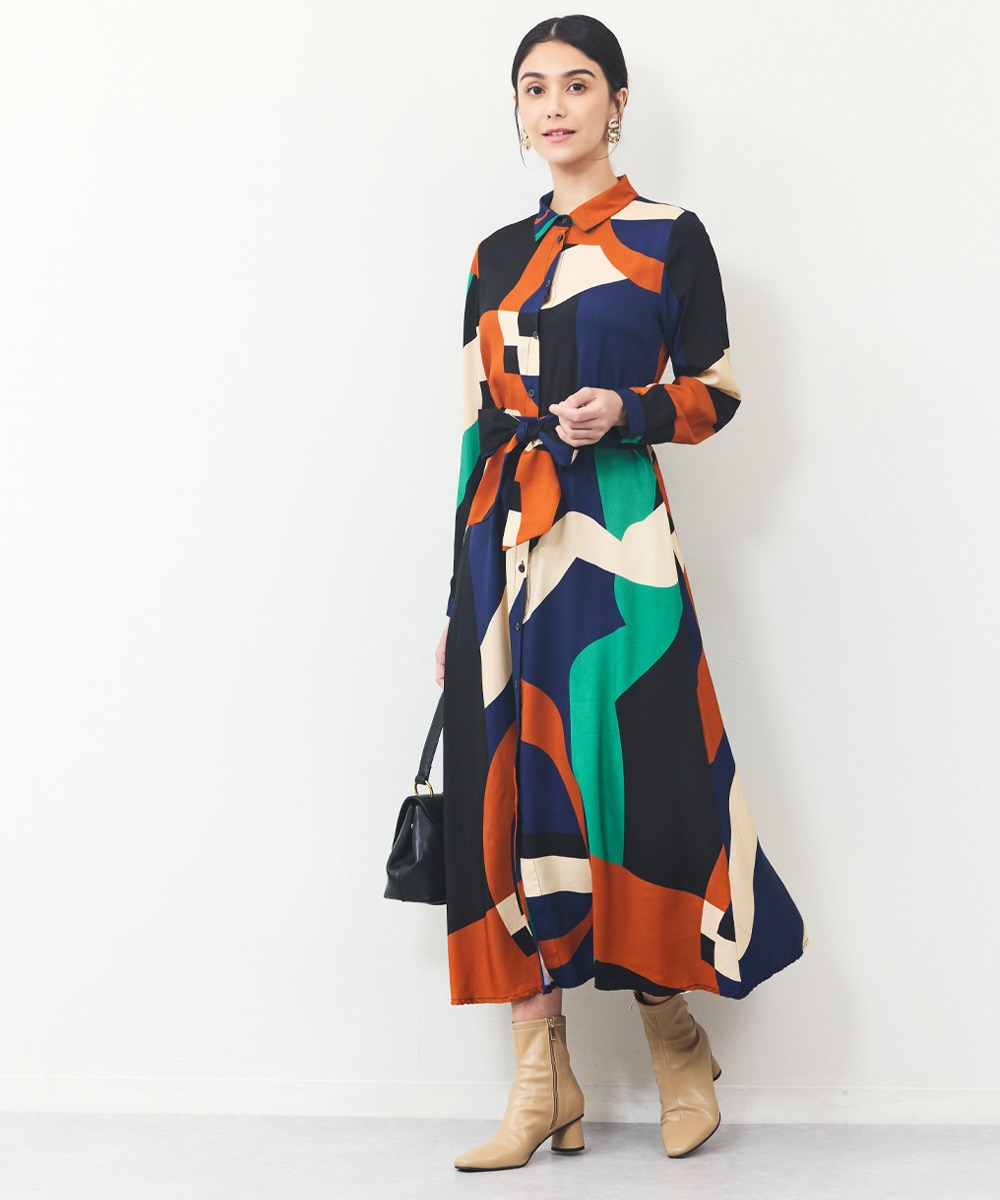 ビッグジオメトリックプリントシャツワンピース