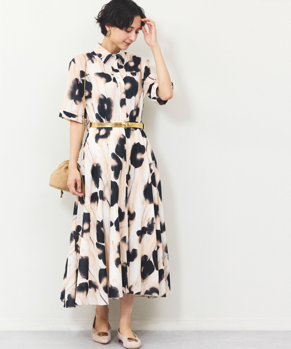 ベルト付きぼかしプリントワンピース