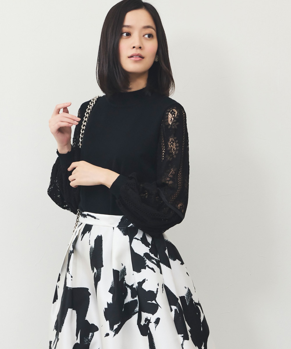 袖レースハイネックニット