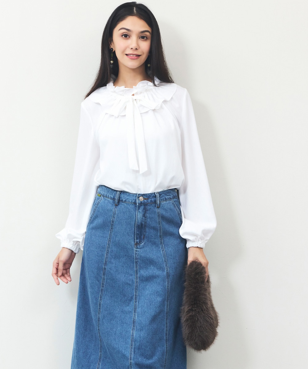 フリルリボン襟ブラウス