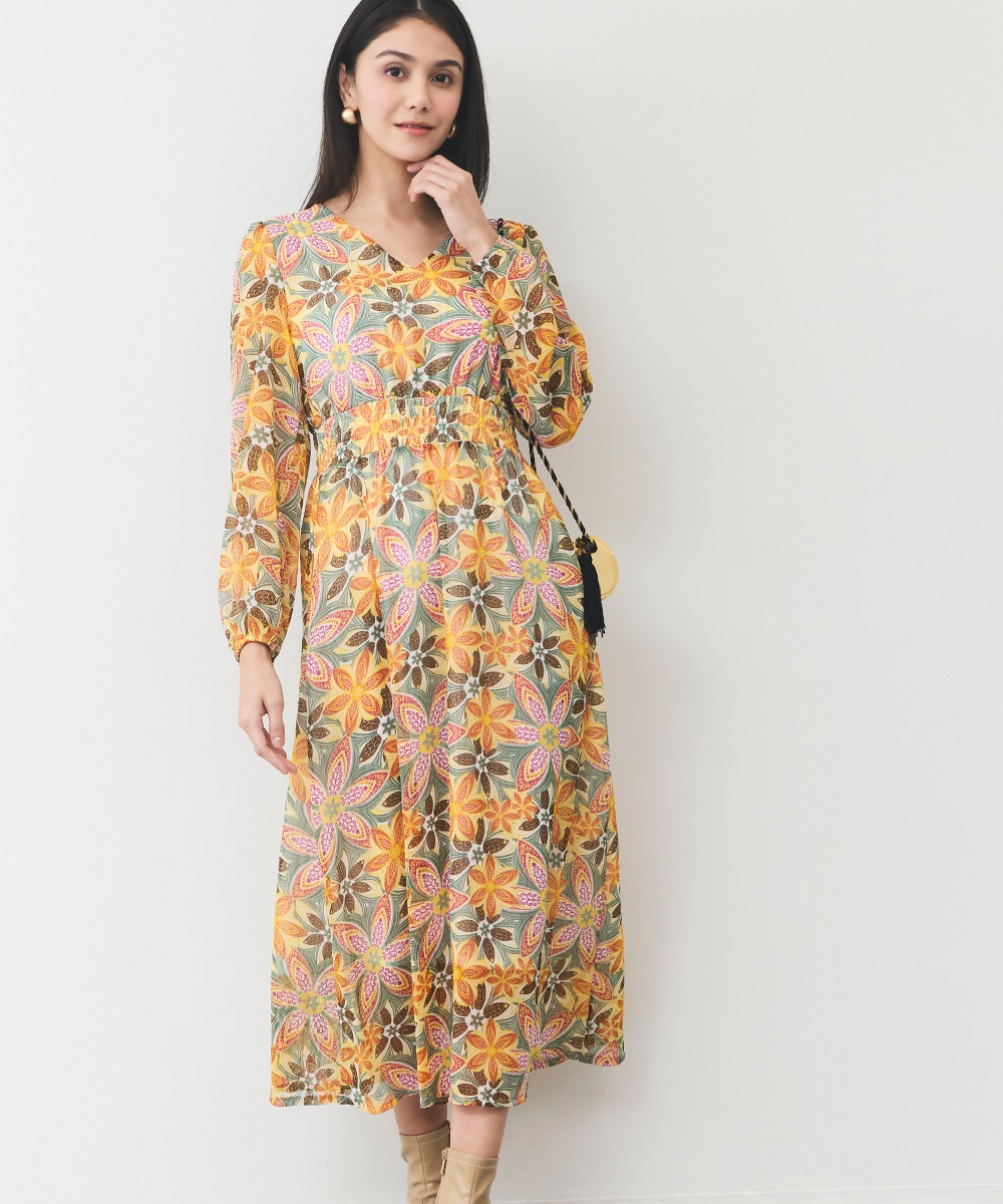 ウエストシャーリングフラワーワンピース