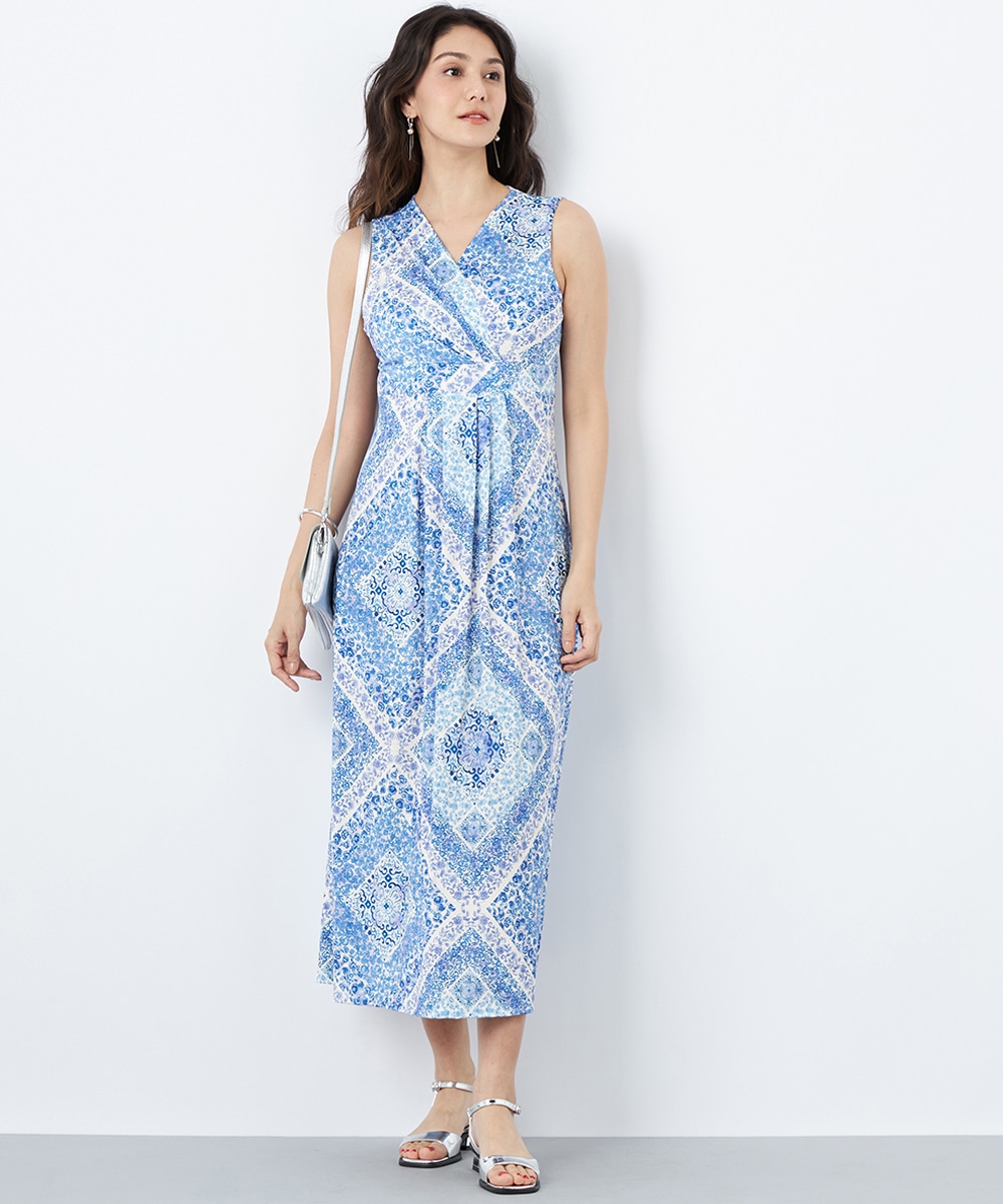 スクエアフラワーモチーフジャージワンピース