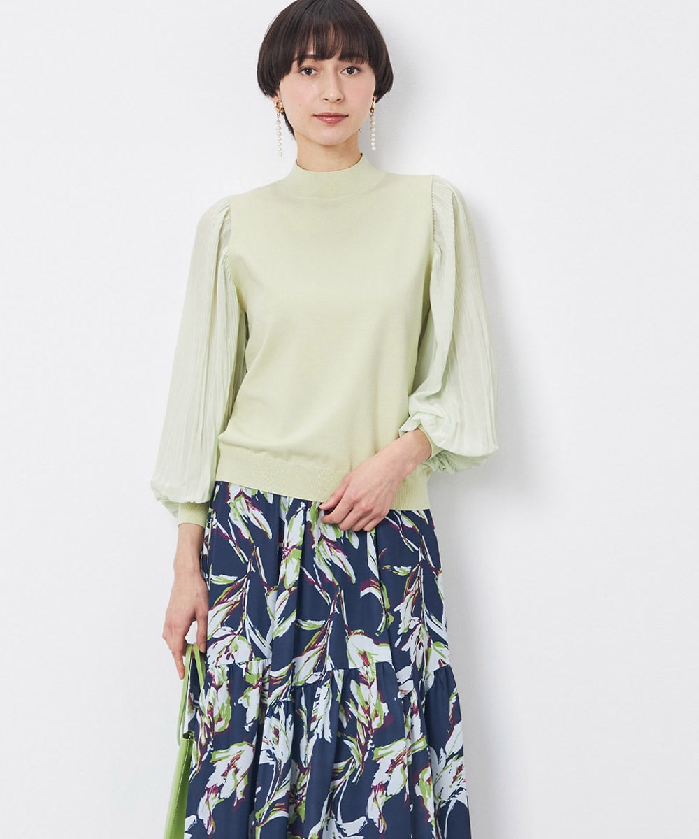 袖シフォン切り替えニット