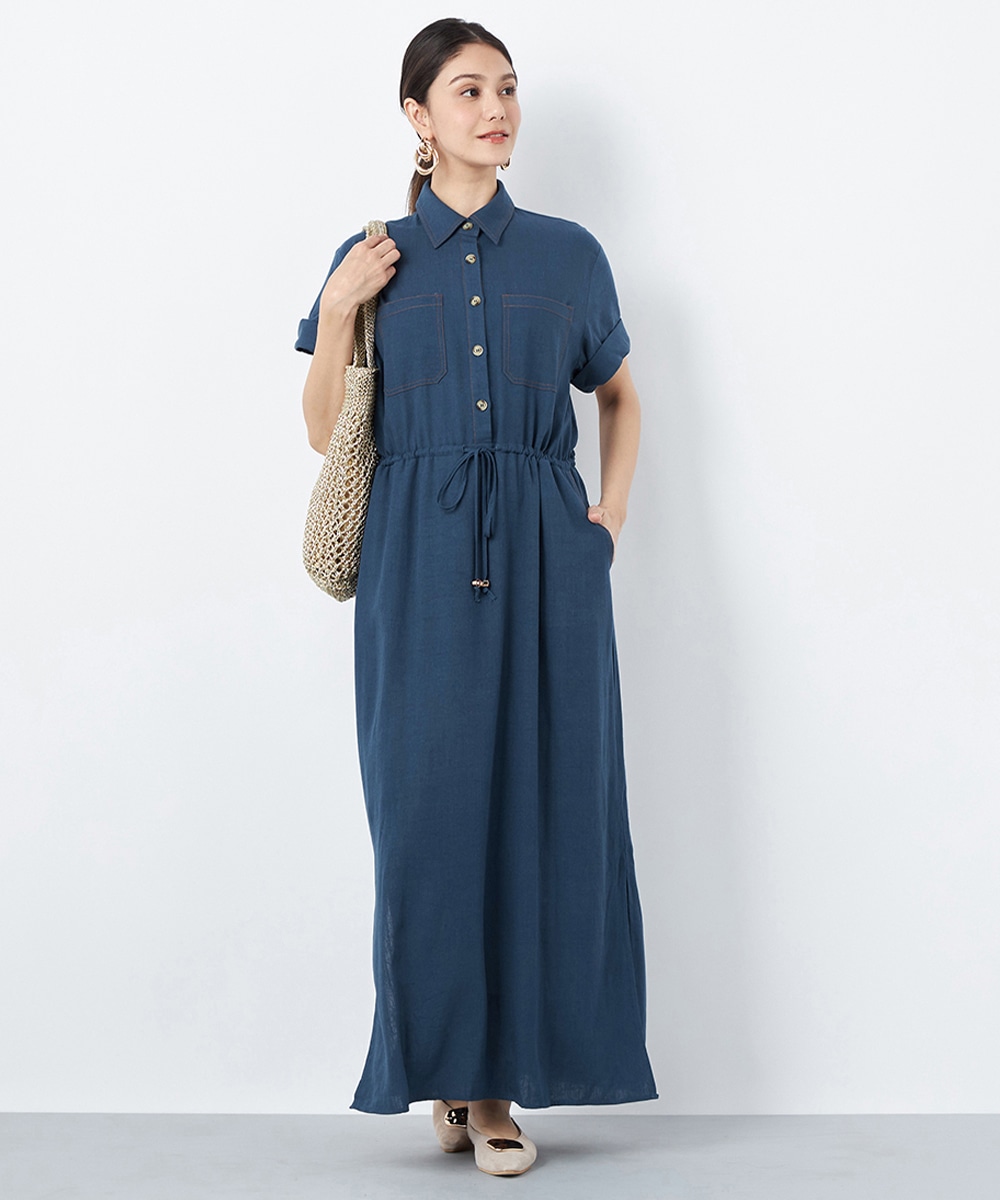 ステッチデザインデニム風ワンピース