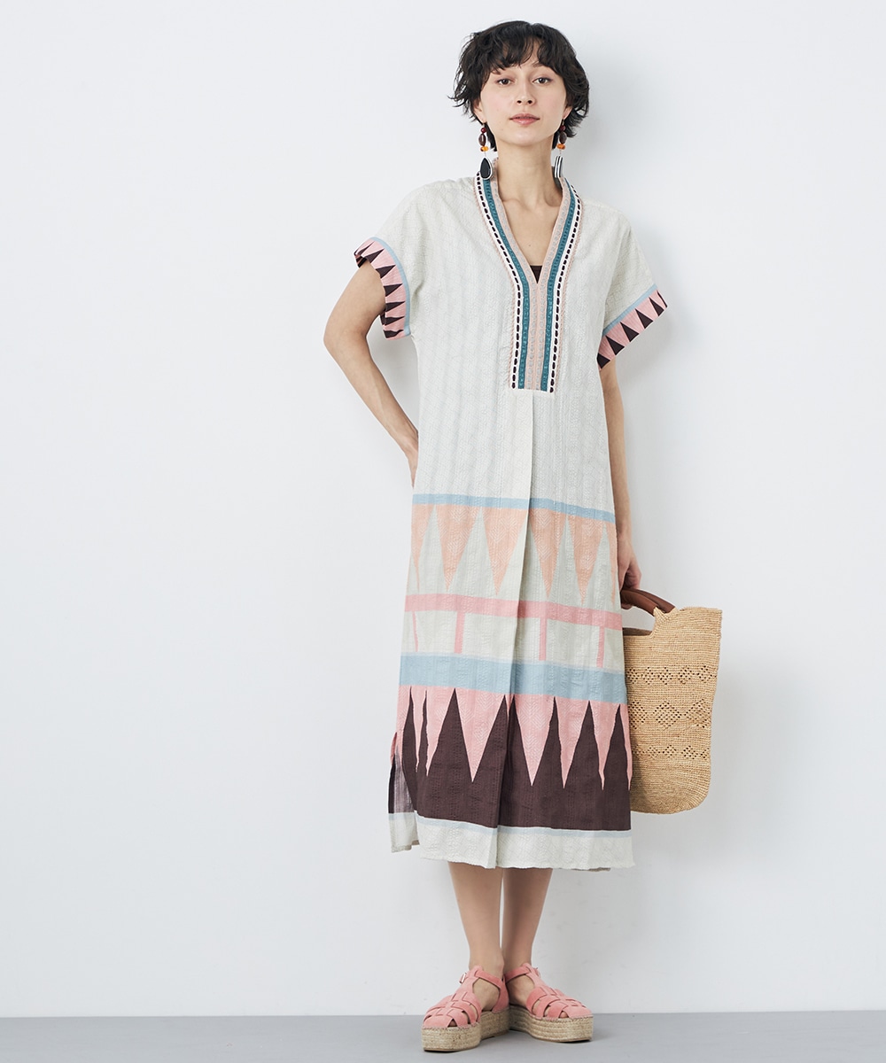 パネル幾何学柄Aラインワンピース