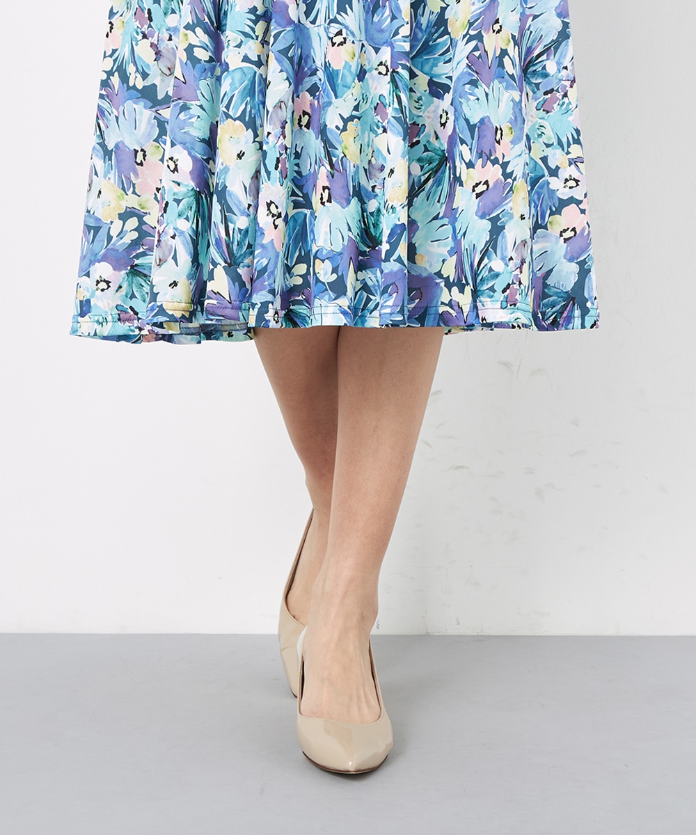 水彩フラワープリントジャージワンピース