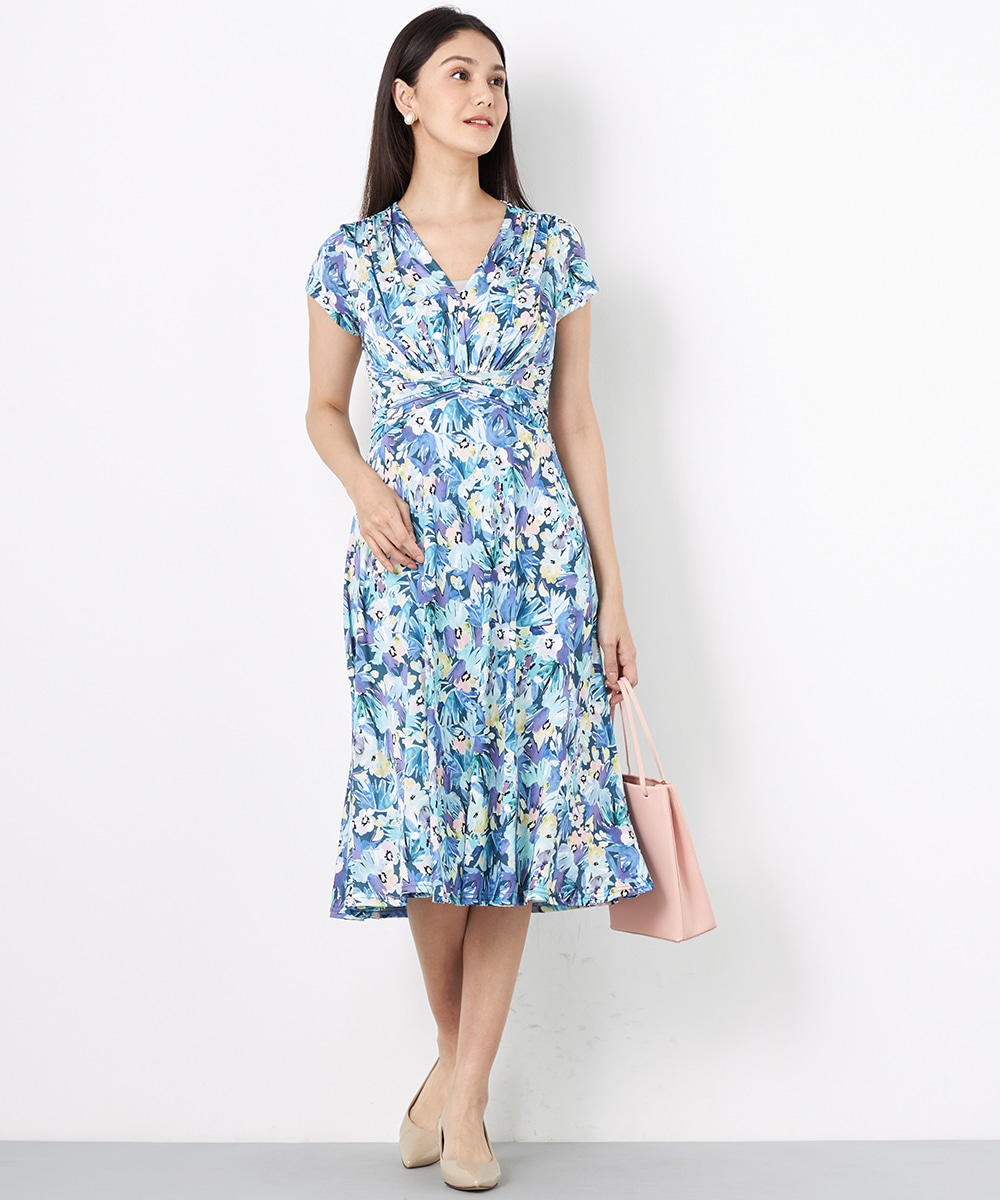 水彩フラワープリントジャージワンピース