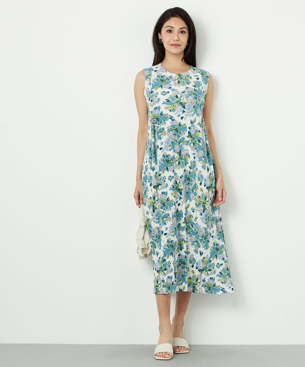 フラワープリントプリーツジャージワンピース