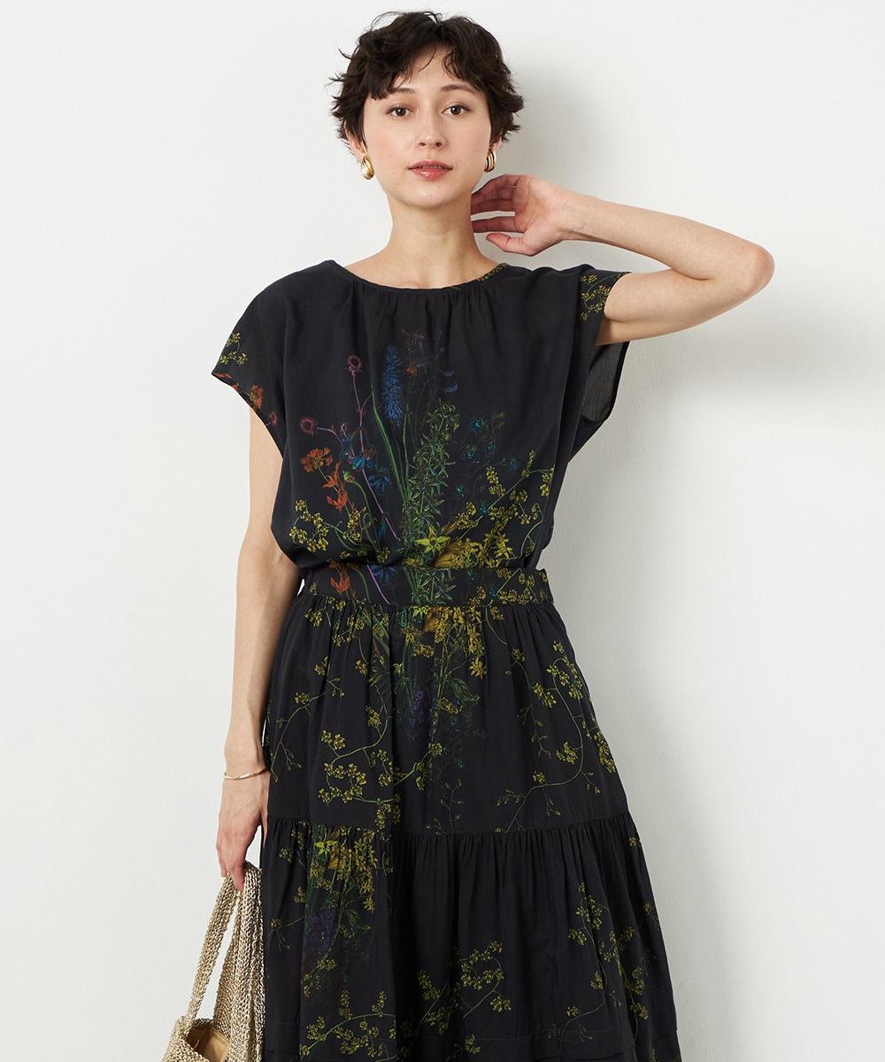 ブーケ柄ブラウス チャコールグレー