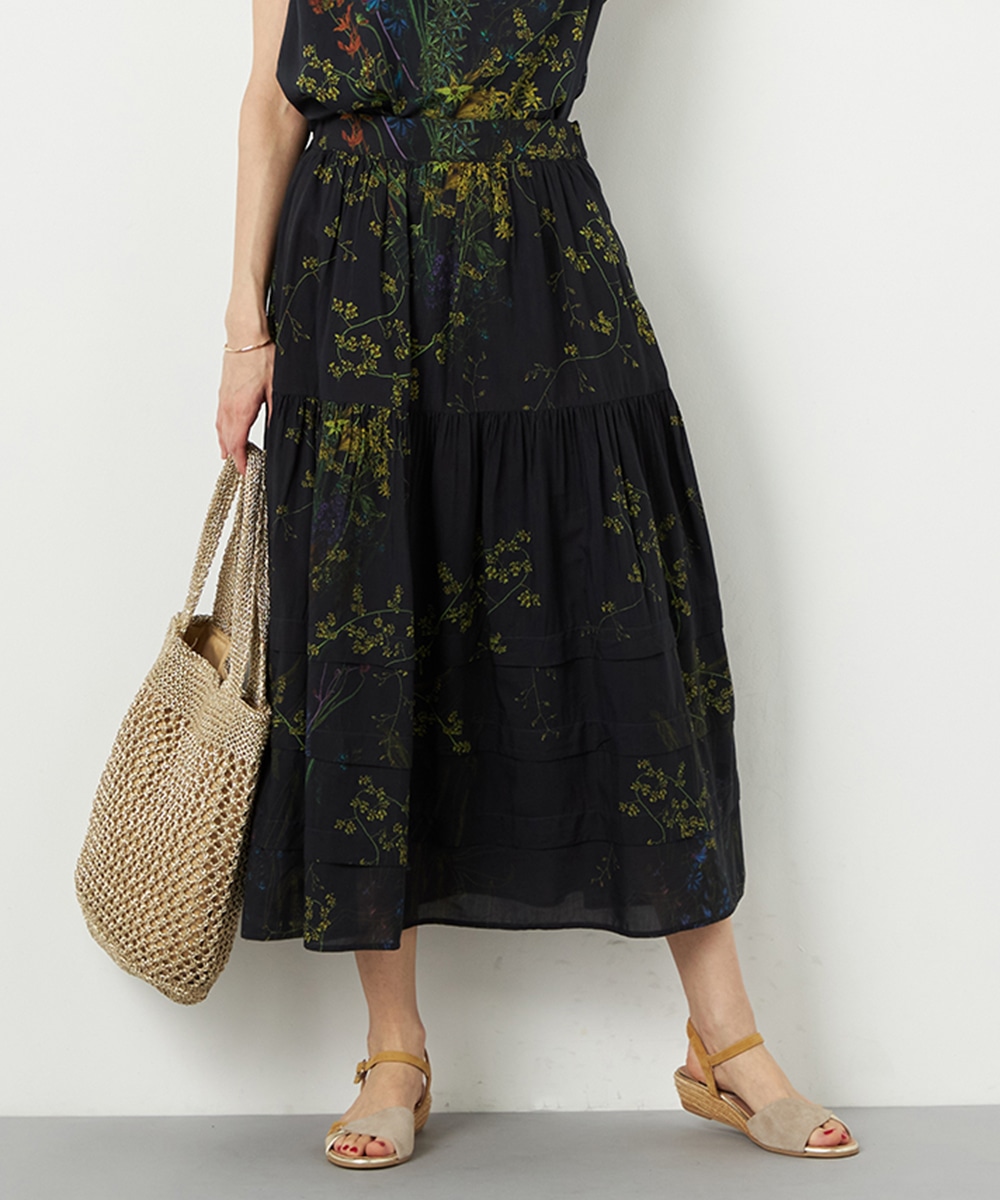 ブーケ柄ティアードスカート チャコールグレー