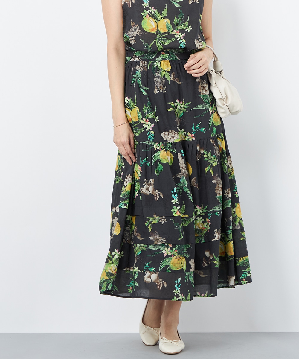 レモンプリントティアードスカート チャコールグレー