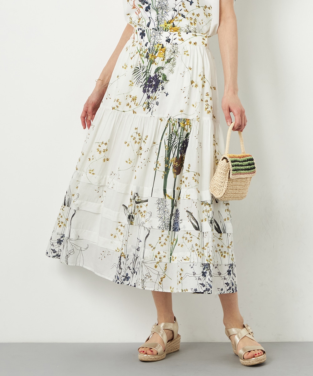 ブーケ柄ティアードスカート アイボリー