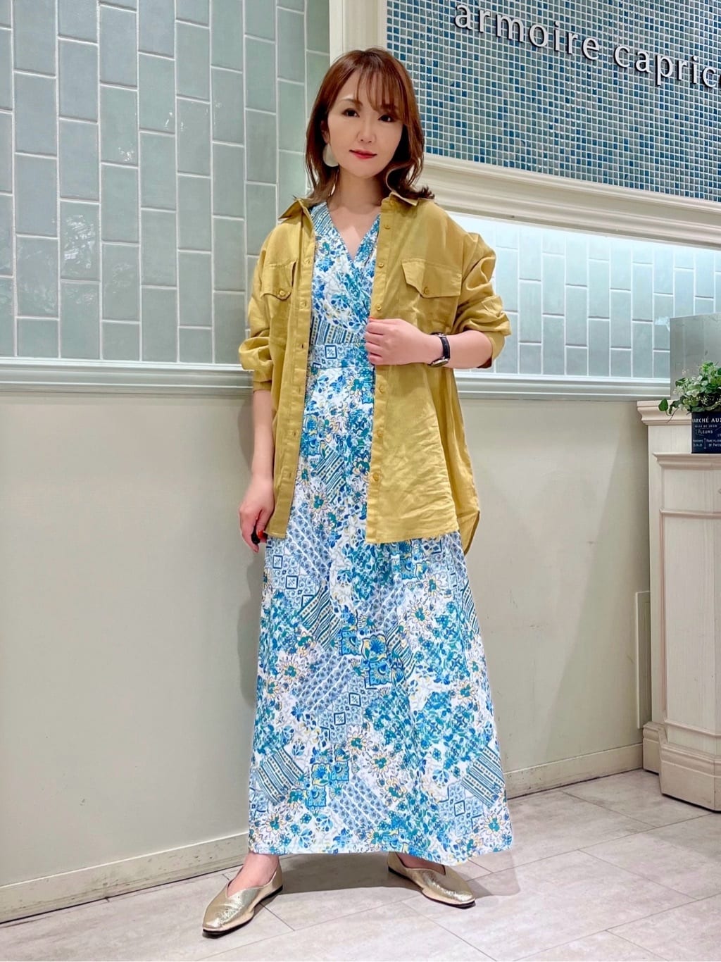 スカーフプリントジャージワンピース