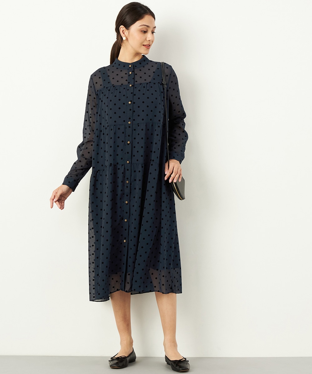  armoire capriceのフロッキードットフロントボタンワンピース