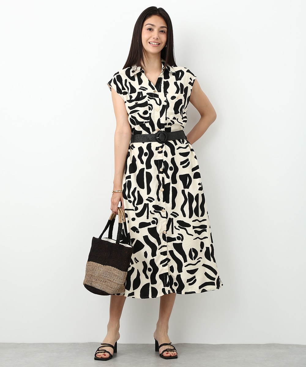 モノトーン幾何学プリントワンピース