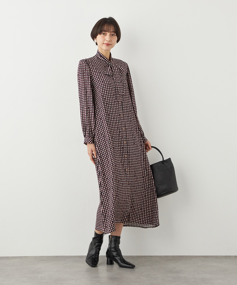 チェックドットボウタイワンピース