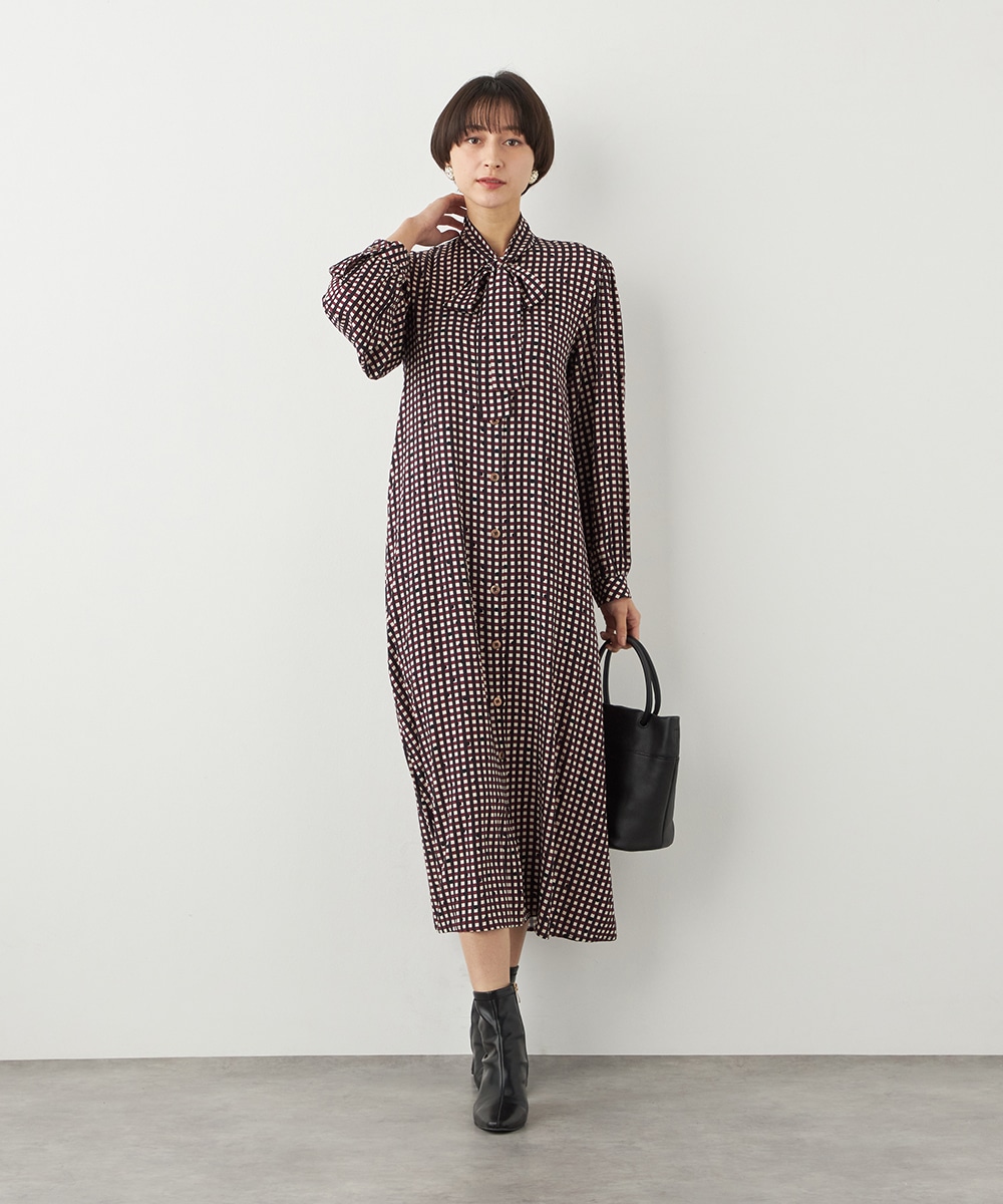 チェックドットボウタイワンピース