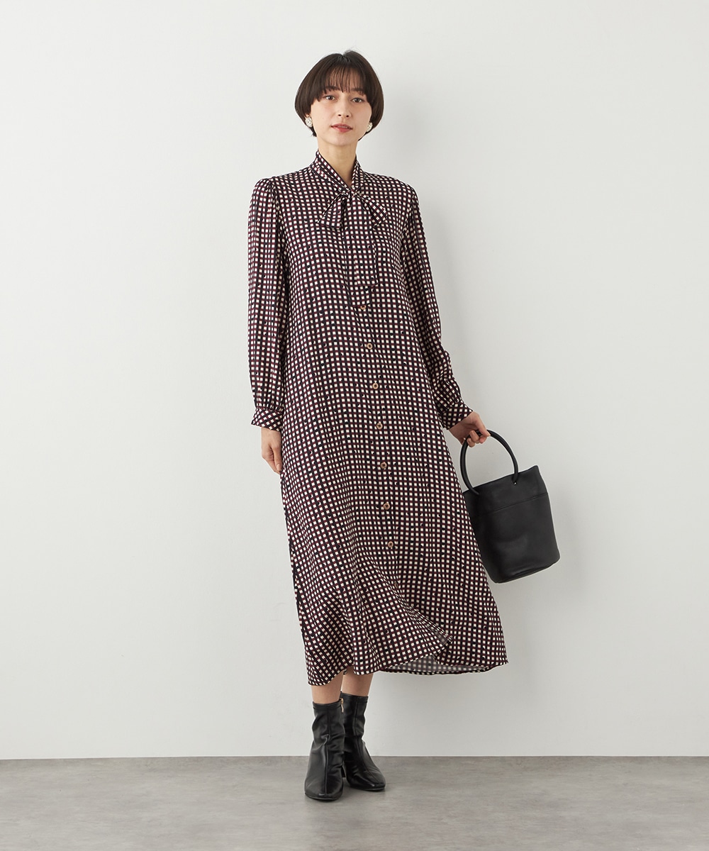 チェックドットボウタイワンピース