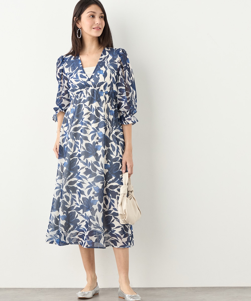 フラワープリントミディワンピース