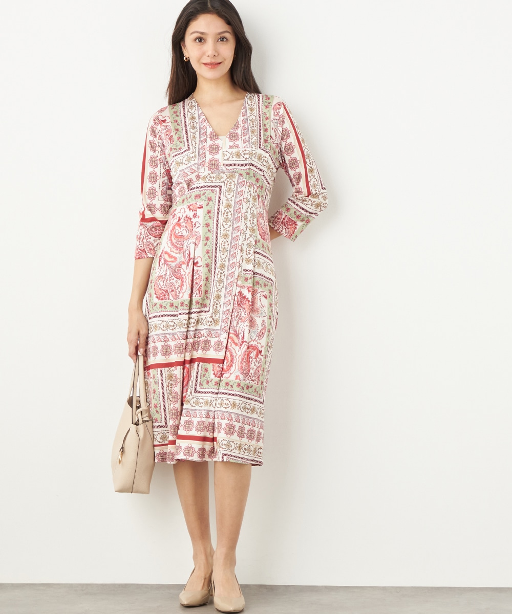 スカーフプリントジャージワンピース