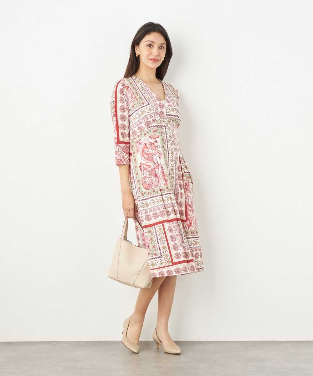 スカーフプリントジャージワンピース