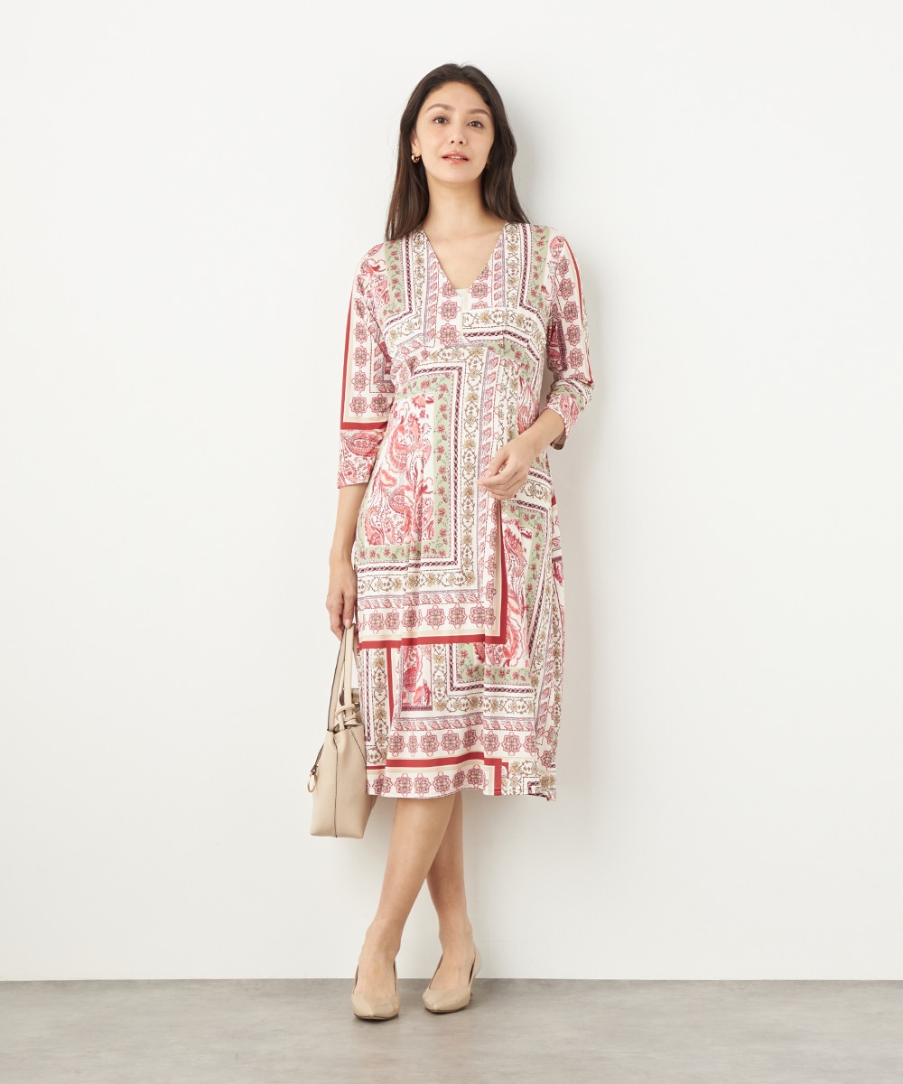 スカーフプリントジャージワンピース