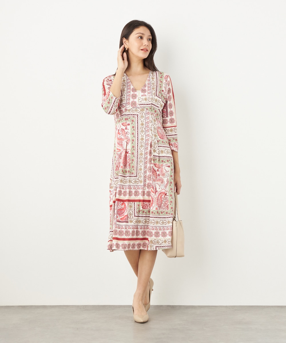 スカーフプリントジャージワンピース