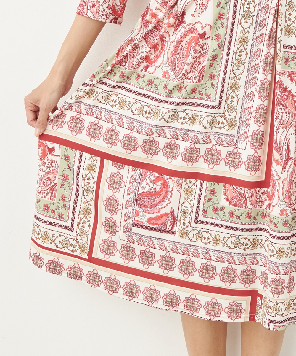 スカーフプリントジャージワンピース