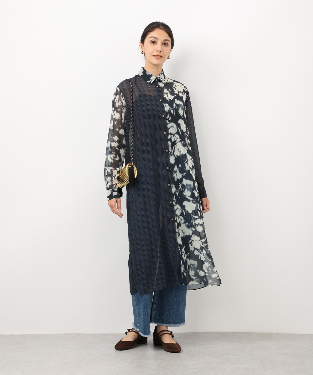 柄切り替えシアーシャツワンピース