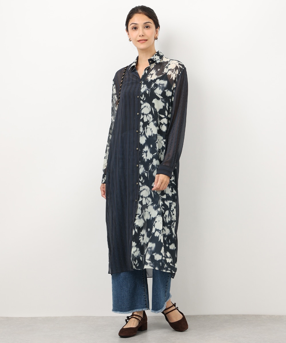 柄切り替えシアーシャツワンピース