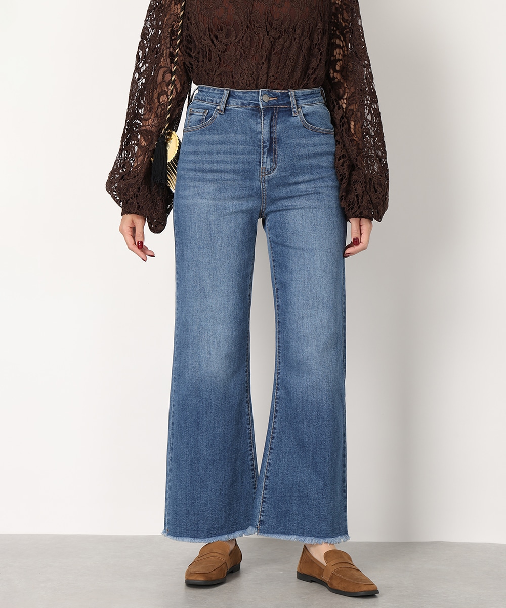 裾フリンジデニムパンツ