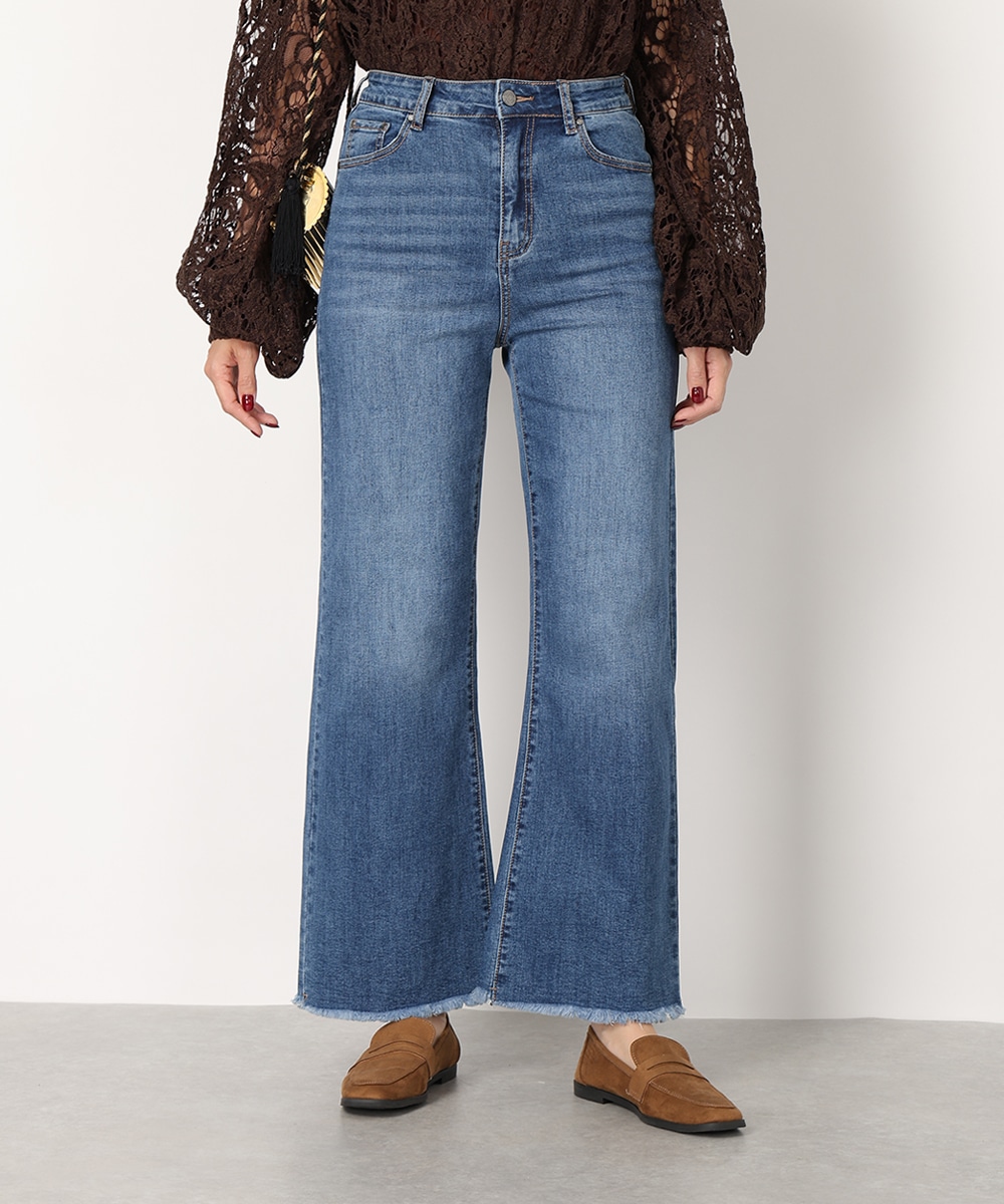 裾フリンジデニムパンツ