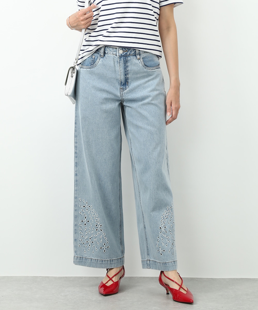 裾刺繍ワイドデニムパンツ