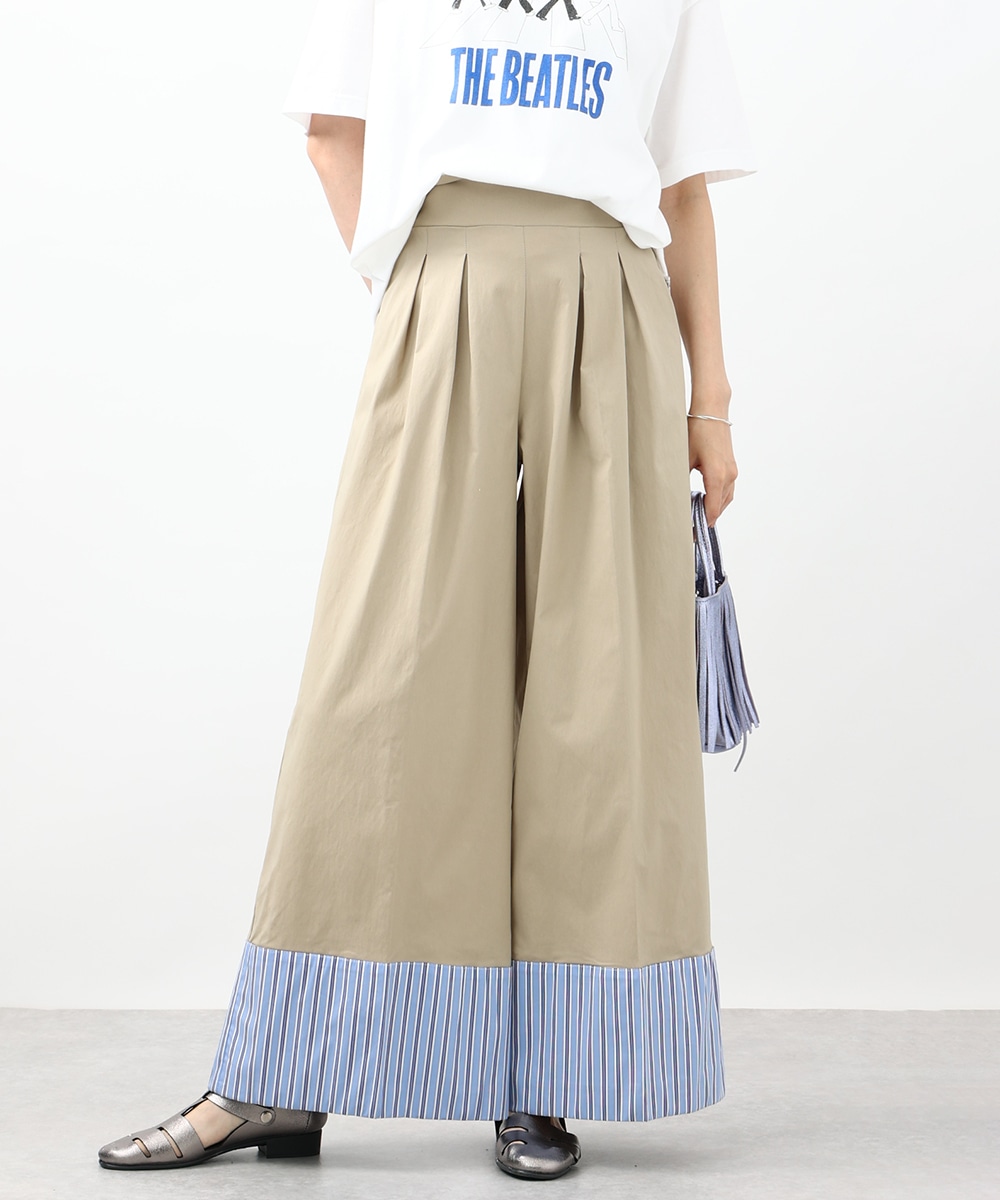 ストライプ折り返しワイドパンツ