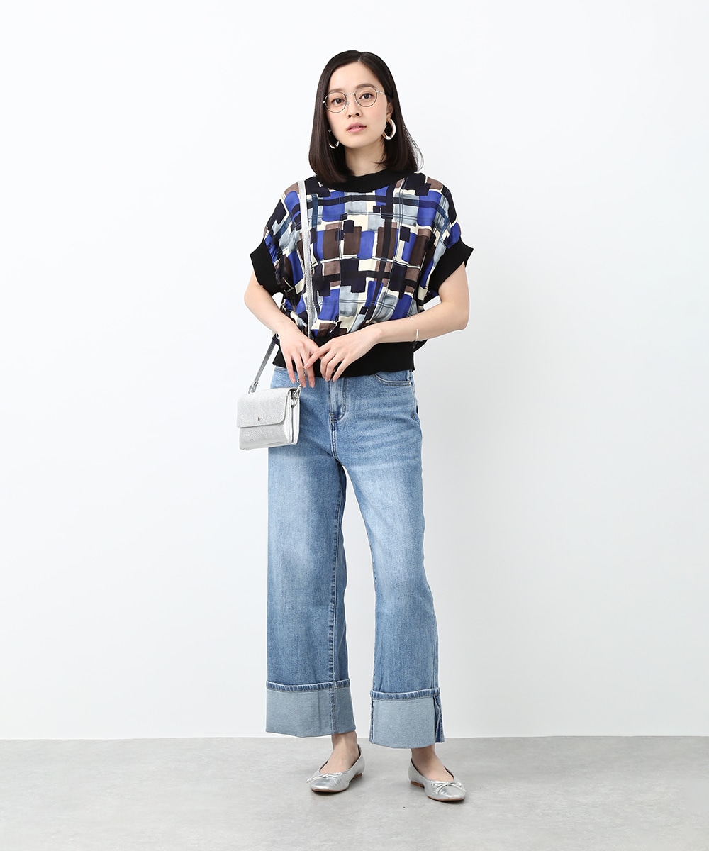 裾折り返しワイドデニムパンツ