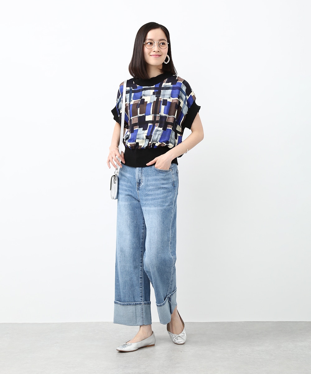 裾折り返しワイドデニムパンツ