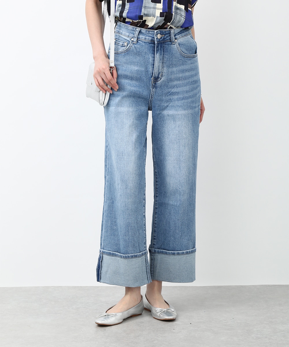 裾折り返しワイドデニムパンツ