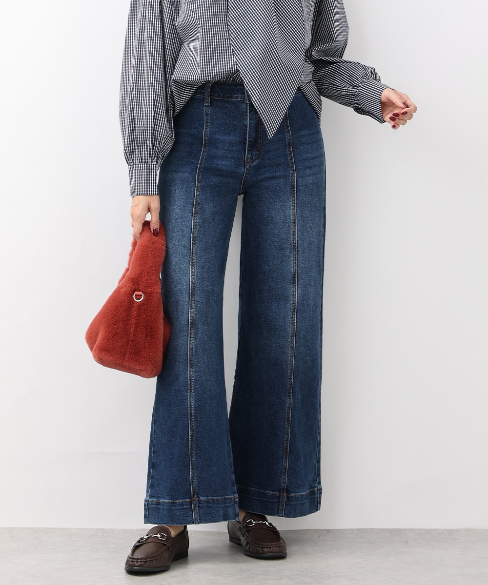 センター切り替えストレッチワイドデニムパンツ