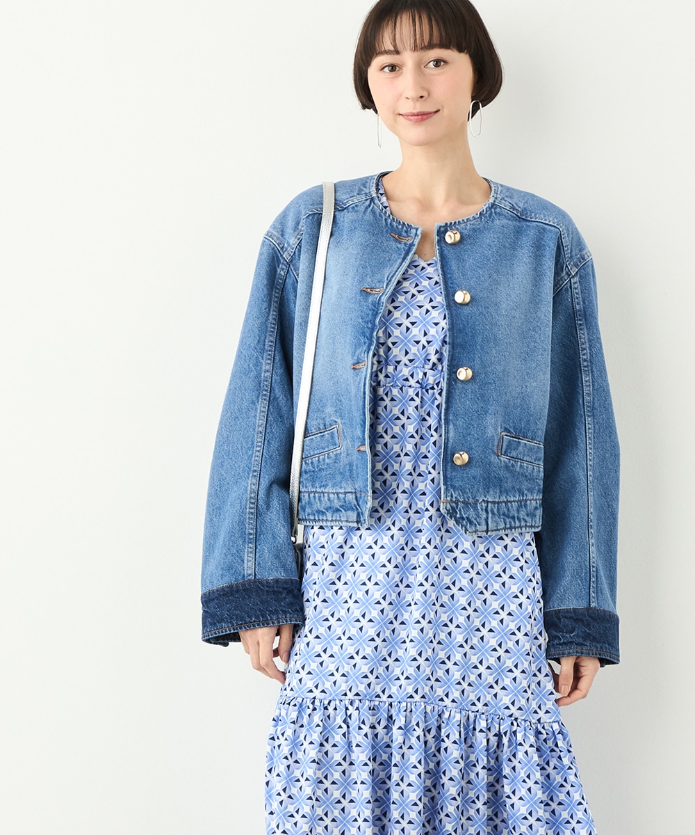 ノーカラーデニムジャケット